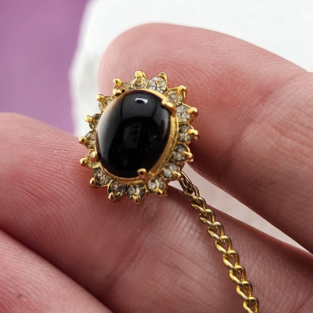 Vintage Black Oval Cabochon Rhinestone Halo Tie Tack Lapel Pin Gold Tone Chain